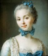 Portrait of a young woman wearing a blue ribbon at her throat